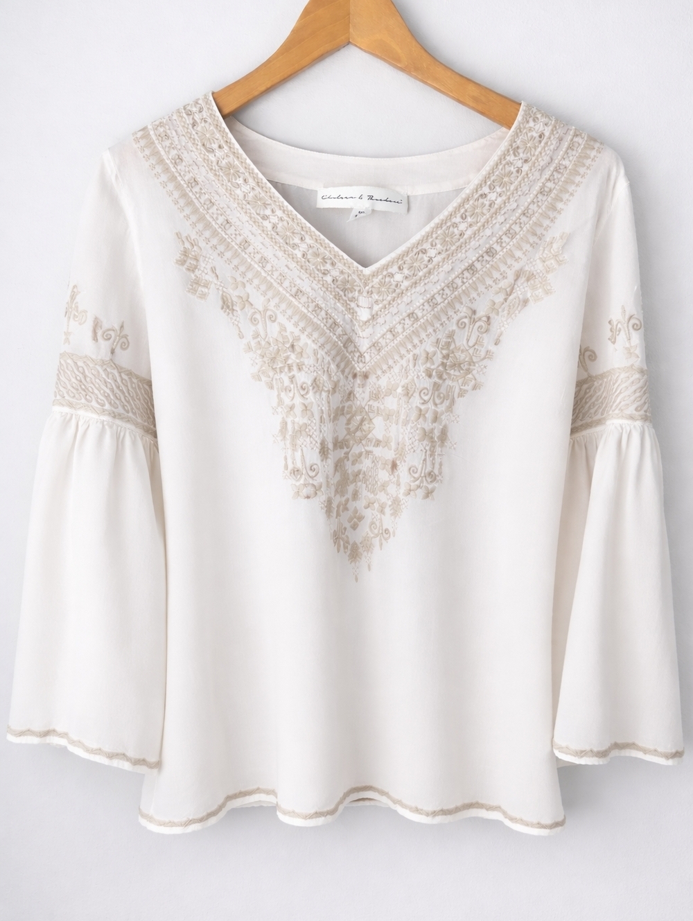 Chelsea & Theodore Embroidered Boho Blouse Women’s Size L White Bell Sleeve